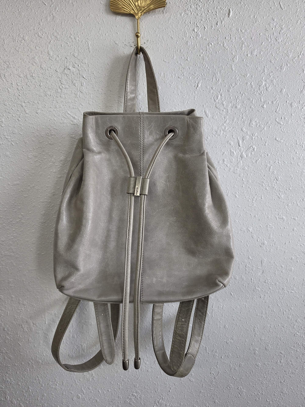 HOBO Gray Green Taupe Leather Drawstring Backpack Convertible Shoulder Bag